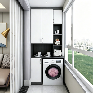 Meuble de balcon encastré BALOM bleu marine sur mesure avec poignées en laiton, étagères ouvertes et <span class=keywords><strong>machine</strong></span> <span class=keywords><strong>à</strong></span> <span class=keywords><strong>laver</strong></span> intégrée - Product Image 2