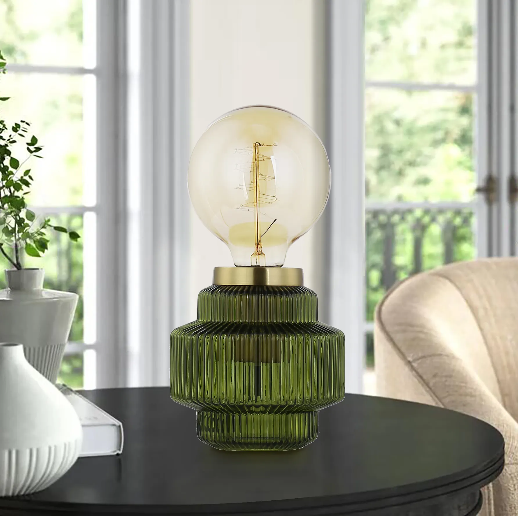 Round Small Glass Olive Green Bedside Light Restaurant Satin Brass Metal Plated Table Lamp