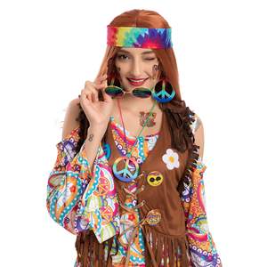 Déguisement <span class=keywords><strong>Hippie</strong></span> pour adulte 60/70/80s, 7 pièces, ensemble d'accessoires, perruques de carnaval - Product Image 4