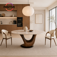Table à manger ronde moderne en marbre avec base sculpturale en bois massif, style nordique italien minimaliste du milieu du siècle, meubles de salle à manger