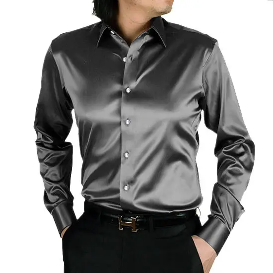 Camisa de seda para hombre, camisa de esmoquin liso de satén, informal, ajustada, dorado brillante, para boda, 2023