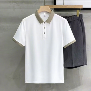 Camicia Estiva <span class=keywords><strong>da</strong></span> Uomo in Seta Ghiaccio a Righe con Colletto a Contrasto in Filo Dorato, Manica Corta, Casual - Product Image 4