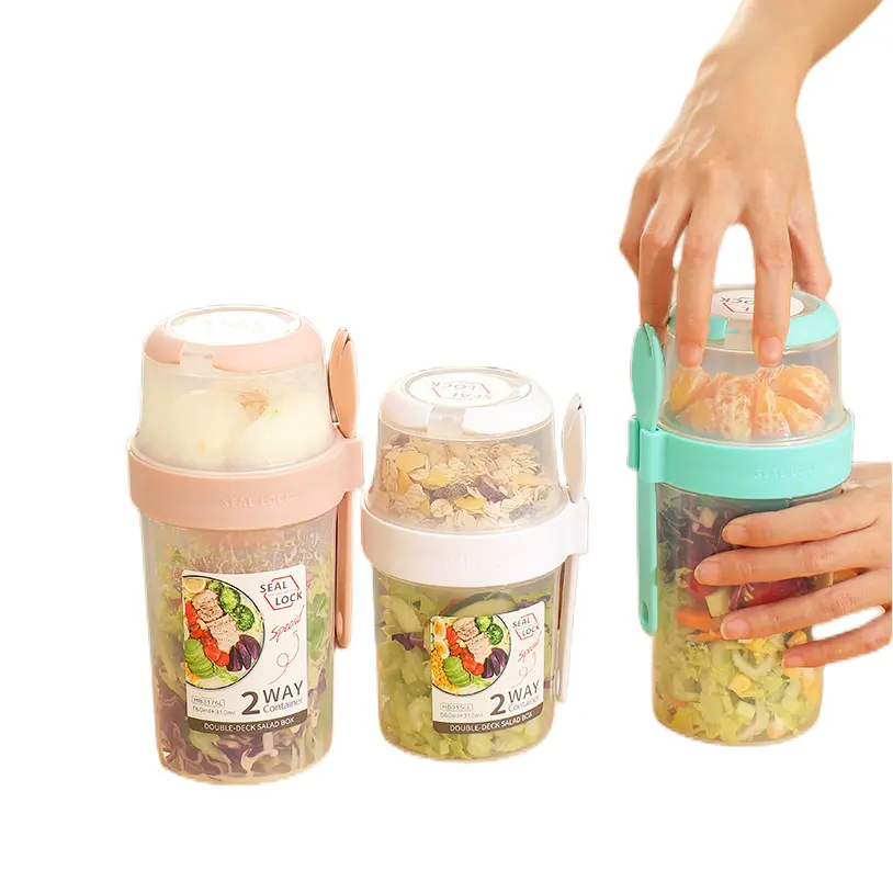 Newest Disposable airtight plastic food storage fruit salad cup cereal containers for yogurt with fork Salad Dressing Container