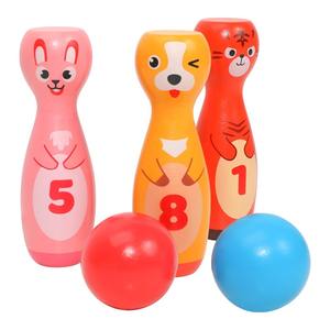 Juego de bolos de animales de madera respetuoso con el medio ambiente para niños-diseño de esquina redondeada segura educación temprana mano-ojo - Product Image 1