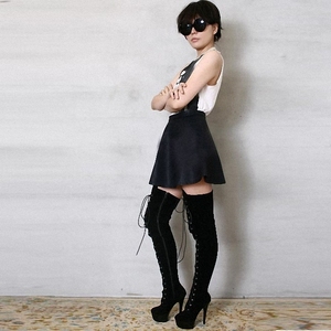 Chaussures de travail pour femme d'hiver, bottes en fourrure à lacets, bottes épaisses au-dessus du genou, talons hauts de <span class=keywords><strong>6</strong></span> pouces, chaussures de soirée, bottes longues de 15 cm, chaussures de scène - Product Image 3