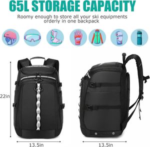 65L Ski Boot Bag <b>Backpack</b> Waterproof Helmet Goggle Compartment Reflective Bungee Boot Storage with Standing Mat Padded Snow - Product Image 2