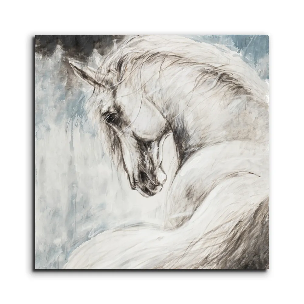 Abstract horse textured art black and white painting art white horse golden original watercolour painting of Horse