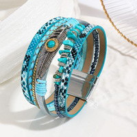 Bracelet enveloppant pour femme de style bohème vintage, de haute qualité, avec pierre naturelle et fermoir magnétique en cuir turquoise