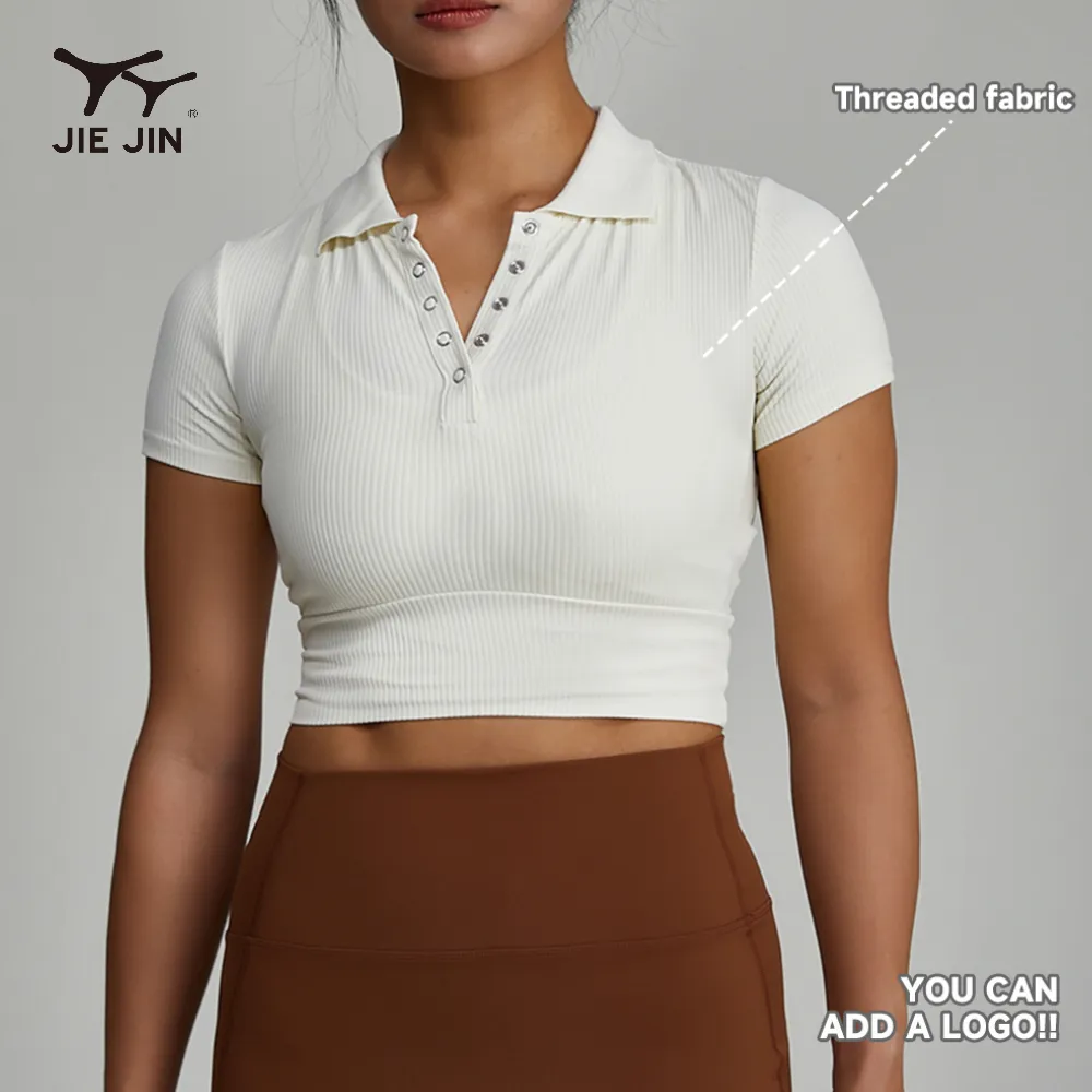 JIEJIN High Quality Fashion Basic Women Short Sleeve Slim Fit Blank Button Cropped Polo Shirts