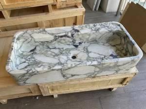 Lavabo de Mármol Calacatta Verde Hecho a Mano de Una Pieza para Baño, Encimera Personalizada, Duradero, Pulido/Acristalado - Product Image 5