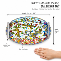 Nampan Sajian Keramik Oval 3D Embossed 27.5x19cm Grosir, Motif Gecko Spanyol, Alas Gabus, Gagang Stainless Steel, OEM