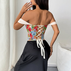 Top Corsé Acolchado con Estampado Floral para <span class=keywords><strong>Mujer</strong></span>, Bustier Sexy con Cordones y Ballenas, Top Corto para Salir, Top de Tirantes para Fiesta y Club, Corsé con Hombros Descubiertos - Product Image 4