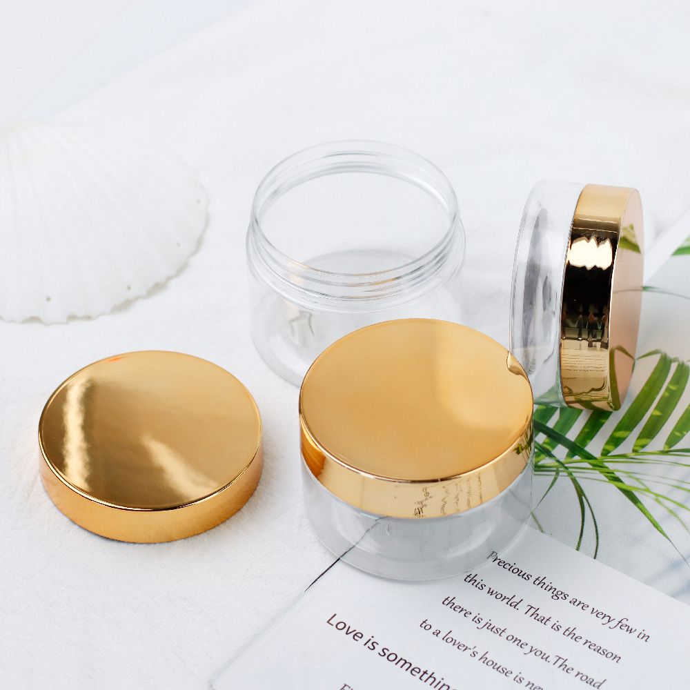 Luxury Plastic Container Jars with Gold Lids 20ml 30ml 50ml 60ml Empty Face Cream PET Powder Jars Skin Care Packaging