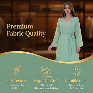 Chiffon Rhinestone Muslim <b>Dress</b> <b>for</b> <b>Eid</b> Women <b>Long</b> Sleeve Maxi Festive ODM Collection - Product Image 2