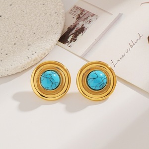 Boucles d'oreilles clous en acier inoxydable plaqué or 18 carats avec incrustation de turquoise bleue, design géométrique rond, bijoux de mode - Product Image 3