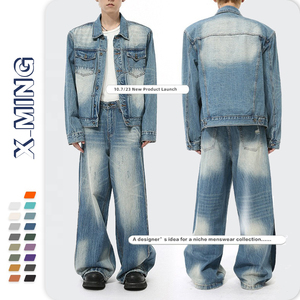 Costume en jean bleu délavé à l'acide à la mode de haute rue coupe ample personnalisée <span class=keywords><strong>2</strong></span> pièces veste et pantalon en jean ensembles en jean blanc homme conception à faible quantité minimale de commande - Product Image 1