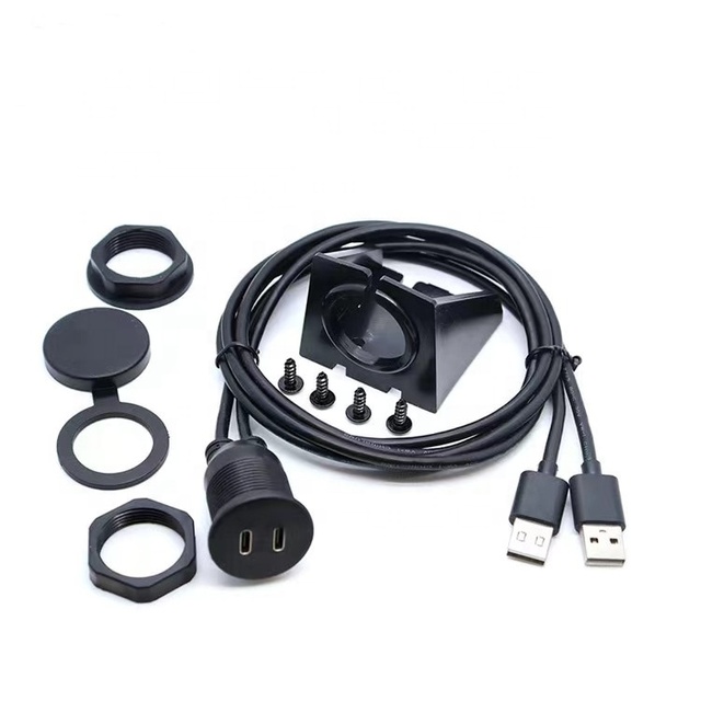 Waterproof Dual USB 2.0 Male to 2 Port USB Type C Female Flush Panel Mount Extension Cable