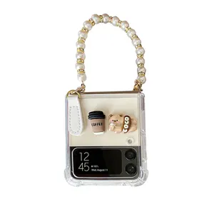 Coffee Bear Tulip Transparent Pearl Bracelet Folding Phone Case for Samsung Galaxy zflip5 5g zflip4 zflip3