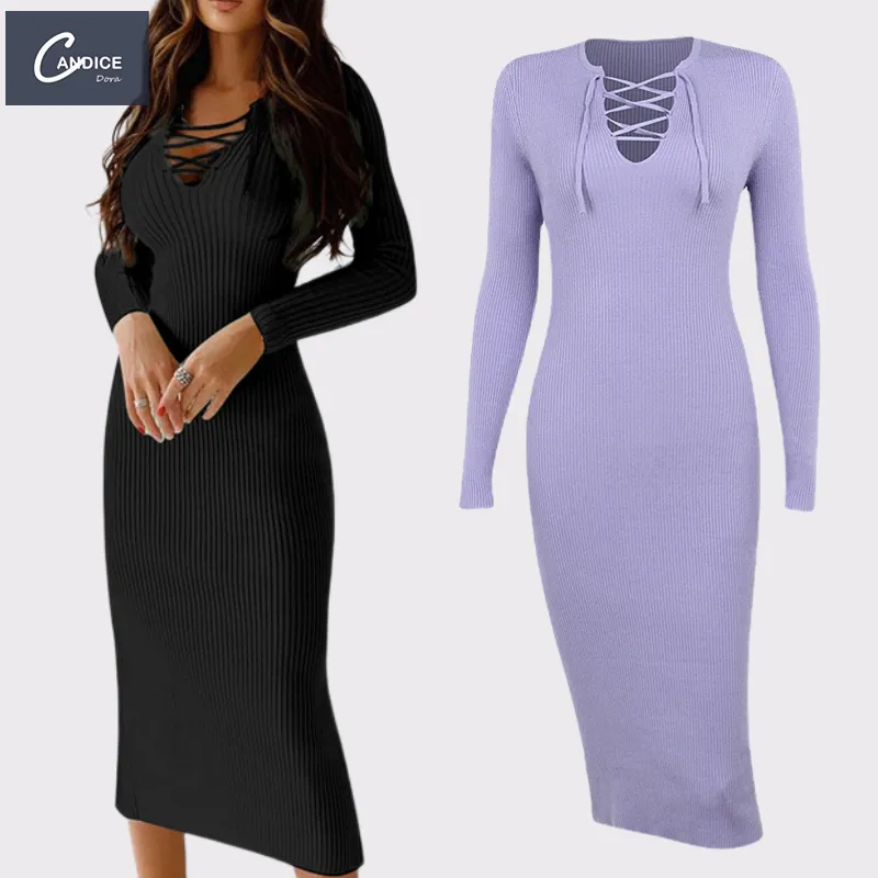 Candice sexy black wrap hollow-out long-sleeved V-neck knitted strap long tight dresses