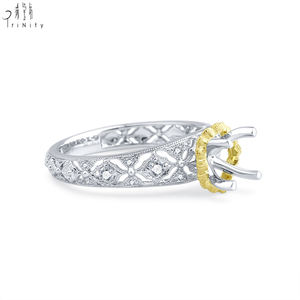 Nouveautés : Bague semi-montée artisanale en dentelle antique avec diamants naturels véritables, en or massif 18 carats blanc et jaune - Product Image 3