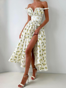 Maxi abito 2025 in puro cotone con spacco personalizzato prendisole regolabile all'americana abbigliamento da Resort floreale per abiti <span class=keywords><strong>Vintage</strong></span> stampati <span class=keywords><strong>Boutique</strong></span> - Product Image 3