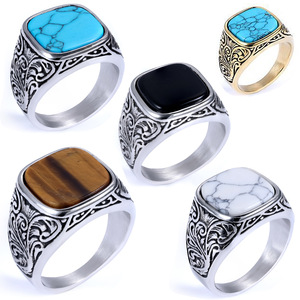 Anillos de piedra de acero inoxidable turquesa vintage con anillo de acero inoxidable de la serie Retro de estilo punk para hombres - Product Image 2