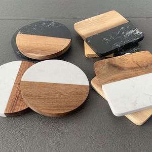 WSY810 Coffee <b>Table</b> Desk Acacia <b>White</b> Black Marble Wood <b>Round</b> Square Wooden Coaster for Drinks With Holder - Product Image 3