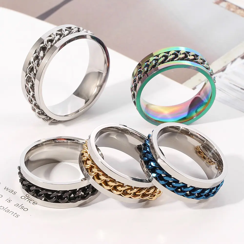 Stainless Steel cz chain opener ring anneaux Rotatable Men Ring Spinner Chain Punk ring Women Jewelry for Party Gift