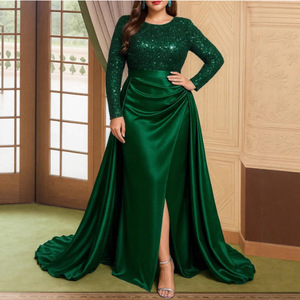 Vestido de Noche para Mujer, Manga Larga, Cuello Redondo, Lentejuelas, Satén, Abertura Lateral, Maxi, Ecológico, Natural, Formal, para Fiesta, Boda, Banquete, Elegante, Talla Grande - Product Image 3