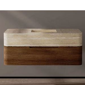 Tostone wandhangende enkelvoudige wastafel met natuursteen travertijn blad, honingcrème marmer badkamermeubel voor moderne villa badkamergebruik - Product Image 1
