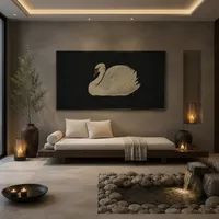 Tableau mural encadré en toile de cygne, vente en gros, cadre noir, fond noir, aquarelle vintage, cygne muet, oiseau blanc, bec rouge, naturaliste