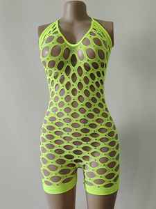Dancewear Fishnet Mesh <b>Jumpsuit</b> <b>Rhinestone</b> Crocheted Hollow Stripper Bodysuit Lingerie - Product Image 5