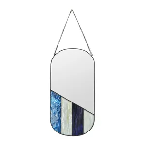 retro long Blue and white inlaid metal stained glass ornament mirror decorative wall mirror