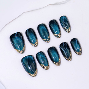 Lot de 30 faux <span class=keywords><strong>ongles</strong></span> à presser en amande, effet œil de chat <span class=keywords><strong>bleu</strong></span> <span class=keywords><strong>ciel</strong></span> étoilé, avec détails dorés français raffinés, pour un look transfrontalier explosif - Product Image 1