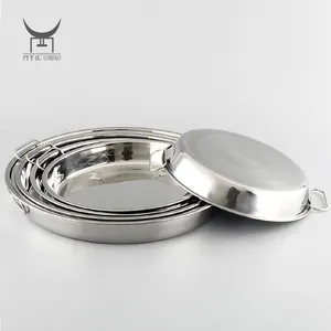 Stainless Steel Round Serving Tray Set Food Tray Deep Dish Plate Multi-Purpose Plate For Serving /Steaming With Handle