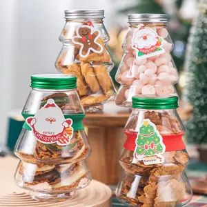 Grosir disesuaikan transparan dekoratif wadah makanan pohon Natal berbentuk permen Jar dengan tutup dekorasi meja