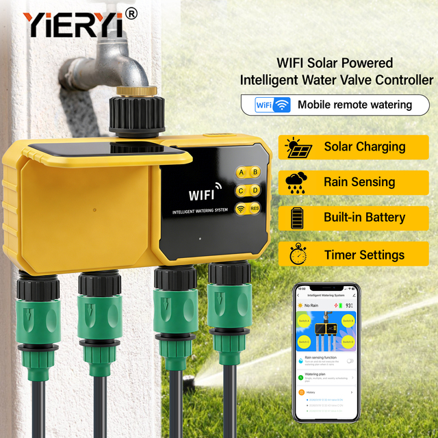 Solar WiFi Smart Water Valve Controller 4-Zone Garden Irrigation Timer with Sensing Watering System