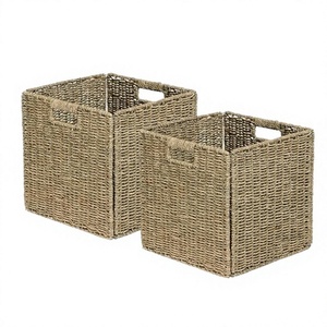 Set of 2 Modern Hand-Woven Seagrass Wicker Square <b>Storage</b> <b>Baskets</b> Foldable Cube Organizer for <b>Shelves</b> Toilet Paper & Home Decor - Product Image 4