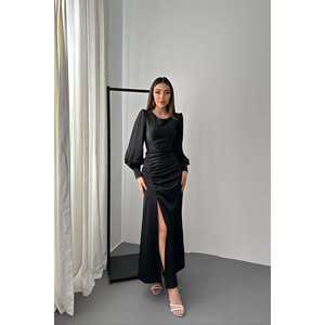 Robe de soirée longue en satin noir pour femme, taille XS, col rond, taille empire, coupe trapèze, fente latérale, vente en gros ODM - Product Image 4