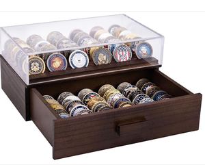 Grande vitrine de pièce de monnaie défi en bois personnalisée couverture transparente 36 pièces sur le dessus & 36 po support de tiroir & jeton de poker - Product Image 1