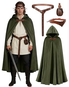 Mantello con Cappuccio Rinascimentale, <span class=keywords><strong>Accessori</strong></span> per Costume Medievale per Uomini e Donne, Mantello per Costume di Halloween, Cintura, Borsa, Bracciali - Product Image 4