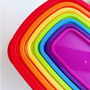 Rainbow Colored 7 Piece Plastic Food Storage Containers Rectangle <b>Covered</b> For Home Use - Product Image 1