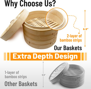 10-Inch 2-Tier Bamboo <strong>Steamer</strong> Basket for Cooking Dim Sum, <strong>Momo</strong> and Bao Buns with Stainless Steel Ring <strong>Set</strong> - Product Image 3