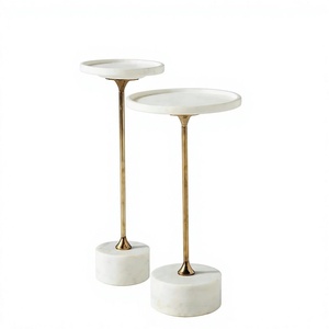 Modern White Marble Tray Top Drink <b>Table</b> | <b>Slim</b> Brushed Brass Stem Solid Marble Block Base Accent Stand - Product Image 1