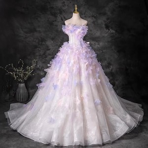 Pink Strapless Ball Gown Wedding Dress Empire Waist Floral Print Long Train Princess Style - Product Image 3