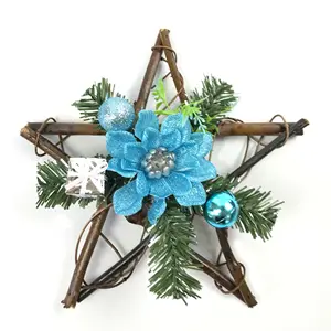 Kunstmatige Kerst Mini Rotan Kransen Handgemaakte Ster Slinger Met Blauwe Lotus Bloemen Opknoping Decoratieve Plastic Krans