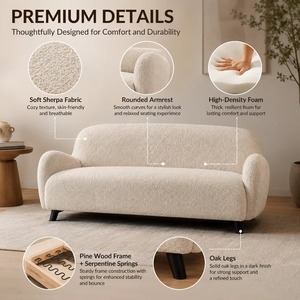 Modern <strong>Cream</strong> Sherpa Sofa Rounded Armrests High Density Foam Pine Frame Serpentine Springs <strong>Oak</strong> Legs Living Room <strong>Furniture</strong> - Product Image 1