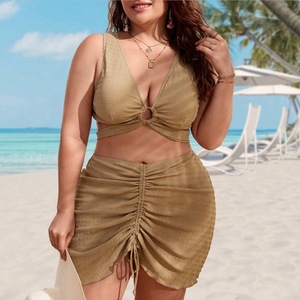 Maillot de bain 3 pièces tricoté pour femme, col licou, avec jupe de plage à cordon de serrage, texture texturée – Grande Vente - Product Image 1