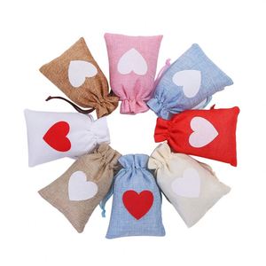 Wholesale Custom Logo Love Heart Linen Jute <b>Drawstring</b> Wedding Gift Candy Jewelry <b>Pouch</b> Bag - Product Image 1