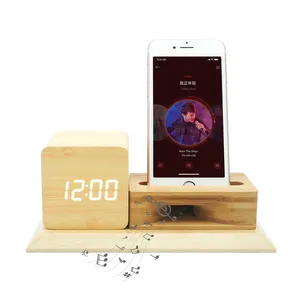 Thuis Gebruikt Cube Houten Led Wekker Bamboe Versterker Luidspreker Luider Klok